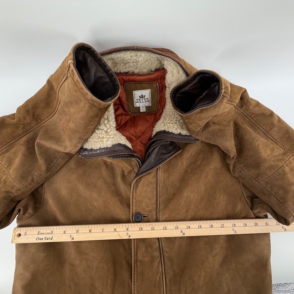 Peter Millar Mens Lamb Leather Sherpa Lined Bomber Jacket Brown Size M Like NEW - Picture 3 of 13